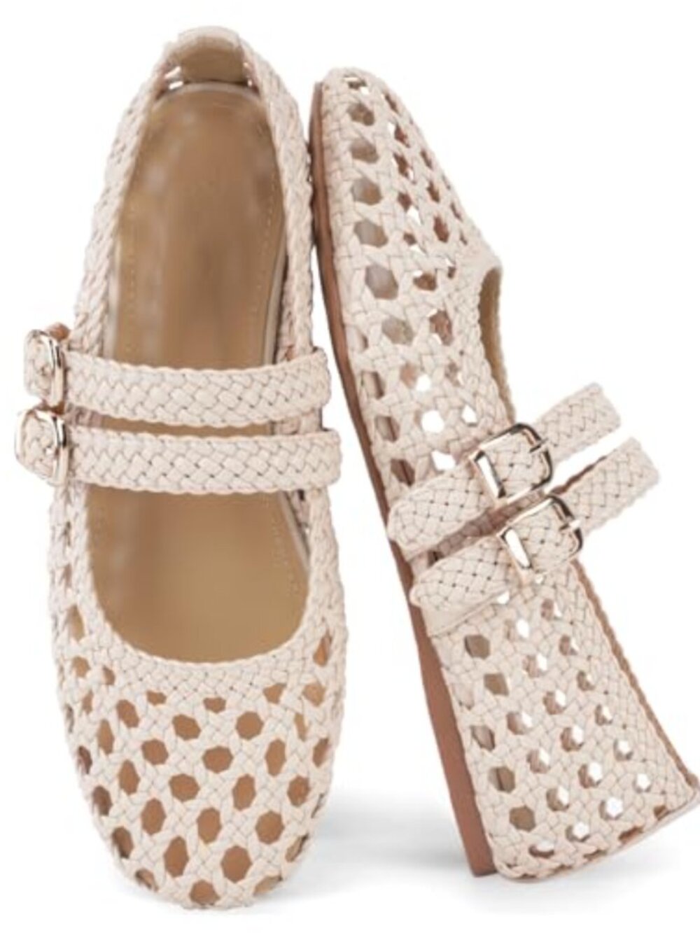 Suede Perforated Mary Jane Flats Women Double Buckle Strap Round Toe
